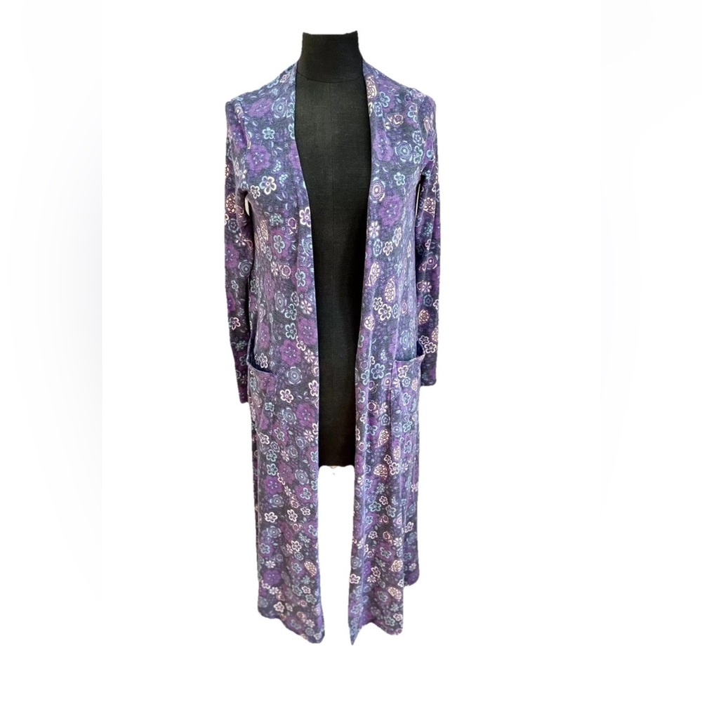 LulaRoe Purple floral long open front cardigan/Kimono size S made in USA